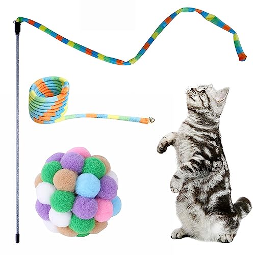 Ditanpu Regenbogen-Katzenstab - Interaktives Stick-Katzenspielzeug, Schnurspielzeug-Set | Regenbogenband-Charmer-Zauberstab, sicher, bunt, mit Kugel für Kätzchen von Ditanpu