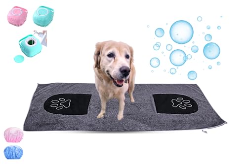 Divine I Microfiber BadenTuch Extra Weich Extraweich und Saugfähiges für Hunde Anti-Frizz Silicon Badenbürste mit Extra Platz für Shampoo und Satin Hut Wasserdicht für Alle Haustiere Geeignet (BLAU) von Divine