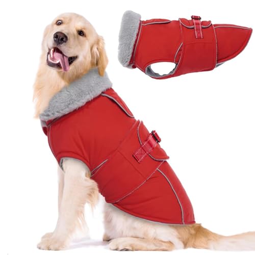 Warmer Hundemantel, reflektierend, wasserdicht, winddicht, Fleece-Weste mit verstellbarer Schnalle, für kleine bis XXL-Hunde und Katzen, Rot, Größe 3XL von Dixacyer