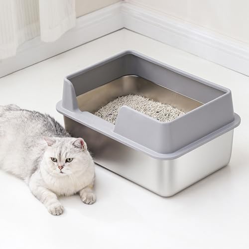 Katzentoilette aus Edelstahl, Metalltoilette mit Hohen Seiten, Leicht zu Reinigende Katzentoilette mit Schaufel, für die Meisten Katzen Sowie Kleine und Mittelgroße Haustiere, von Diyeeni