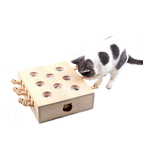 DjfLight Interaktives Haustier Katzenspielzeug, Holz, Spielzeug, Maulwurf Maus, Puzzle Box mit süßen Cartoon Spielzeugen für Katzen, Jagd, Spielen, Trainieren, Kratzen – 8 Löcher,A von DjfLight