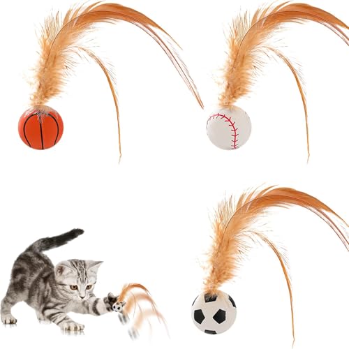 Hüpfender Katzenball Mit Feder, Katzenspielzeug Ball, Interaktive Katzenfederspielzeuge, Gemischte Hüpfbälle Mit Federn, Interaktive Für Hauskatzen, Lockt Katzen Zum Springen, Fangen Und Jagen 3pcs von Djowyh