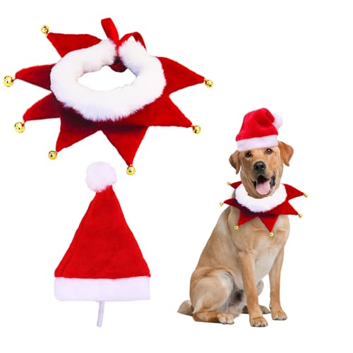 Dmnnlp 2 Stück Weihnachten Hundekostüm, Niedlich Weihnachtskostüm Hund, GrößEnverstellbare Hund Weihnachtsmütze und Hundehalsband, Weihnachtskostüm Zubehör Set für Haustier von Dmnnlp