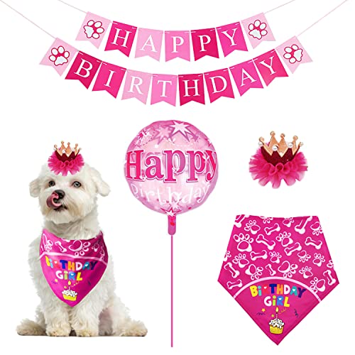 Do-Dottii Hund Geburtstag Party Supplies Cut Dog Birthday Crown Hat Happy Birthday Banner Ballon Geburtstag Junge Bandana Haustier Geburtstag Schal Zubehör Dekorationen für kleine mittelgroße Katze Hunde (klein, rosa) von Do-Dottii