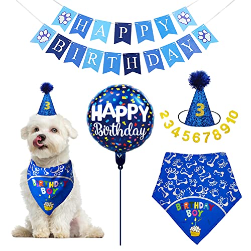 Do-Dottii Hund Geburtstag Party Supplies Cut Dog Birthday Hat Happy Birthday Banner Ballon Geburtstag Junge Bandana Haustier Geburtstag Schal Zubehör Dekorationen für kleine mittelgroße Katzen Hunde (klein, blau) von Do-Dottii