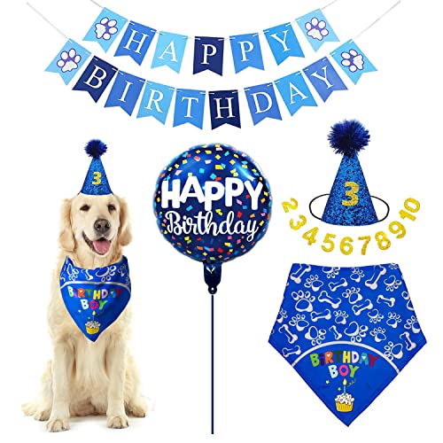 Do-Dottii Hund Geburtstag Party Supplies Cut Dog Birthday Hat Happy Birthday Banner Ballon Geburtstag Junge Bandana Haustier Geburtstag Schal Zubehör Dekorationen für mittelgroße große Hunde (groß, blau) von Do-Dottii