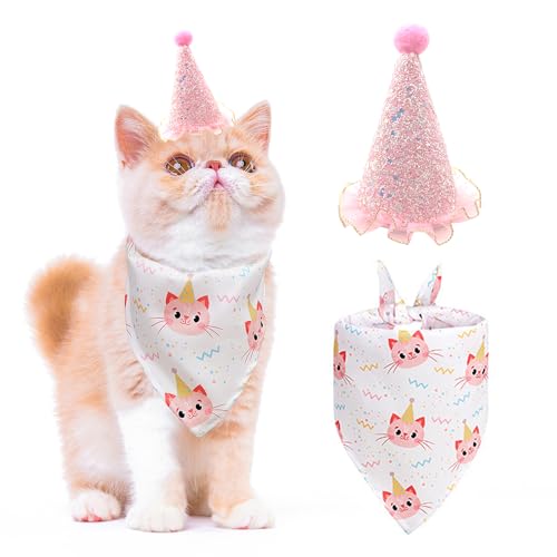 Do-Dottii Katzen-Geburtstagshut, Bandana, Kätzchen, Geburtstagsparty, Zubehör, Prinzessinnen-Kostüm für Katzen, kleine Hunde, Mini-Hunde-Outfit, Katzenschal, Geburtstagsdekoration (rosa Katzengesicht) von Do-Dottii