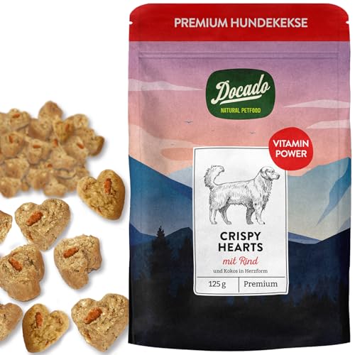 Docado Natural Petfood - Premium Hundekekse Crispy Hearts mit Rind & Kokos, Getreidefrei, Proteinreich, Antioxidantien | Hundesnack Leckerli 125g von Docado Natural Petfood