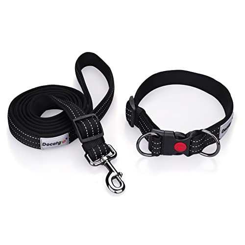 Docatgo reflektierendes Hundehalsband gepolstert mit weichem Neopren atmungsaktiv einstellbar Nylon Hundehalsbänder für kleine mittlere große Hunde Black-L von Docatgo