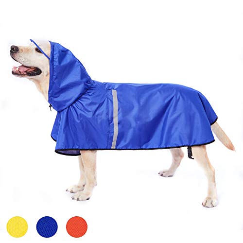 Hunde Regenmantel Regenjacke mit Kapuze & Kragenloch & Reflektierender Streifen wasserdichter Hundemantel für mittelgroße große Hunde 3XL Blau von Dociote