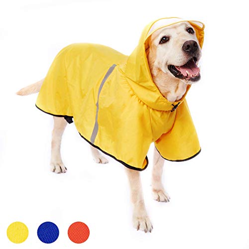 Hunde Regenmantel Regenjacke mit Kapuze & Kragenloch & Reflektierender Streifen wasserdichter Hundemantel für mittelgroße große Hunde 3XL Gelb von Dociote