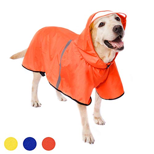 Hunde Regenmantel Regenjacke mit Kapuze & Kragenloch & Reflektierender Streifen wasserdichter Hundemantel für mittelgroße große Hunde 4XL Orange von Dociote