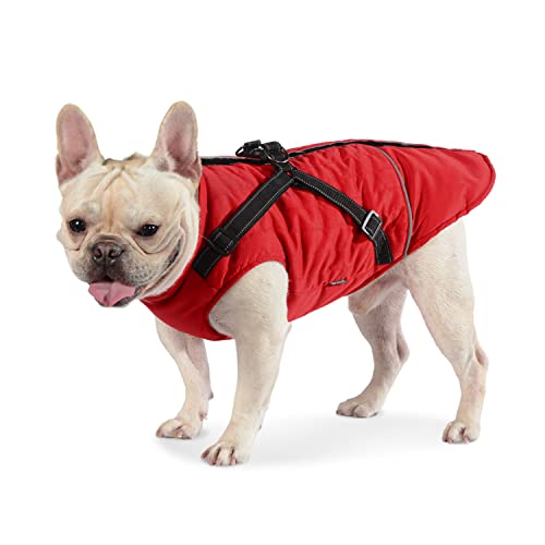 Dociote Hundemantel Hundejacke mit Geschirr & Reißverschluss gefütterter & wasserdichter Wintermantel Winterjacke für Winter für kleine mittelgroße Hunde Rot XL von Dociote