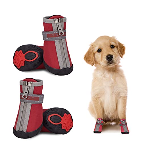 Dociote Hundeschuhe pfotenschutz mit Anti-Rutsch Sohle, reflektierendem Riemen, Klettverschluss, Reißverschluss wasserdicht Schneeschuhe für kleine Hunde 4 Stück Rot 3# von Dociote