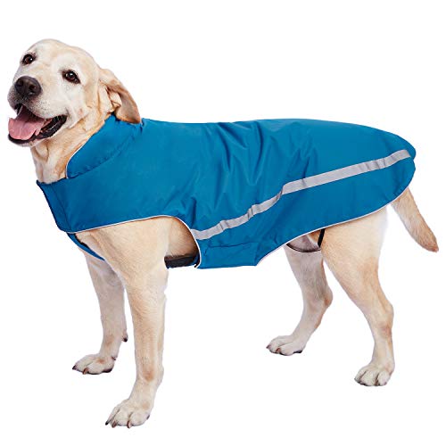 Wasserdichter Hundemantel Hundejacke mit Kragenloch Klettverschluss Fleece gefüttert reflektierender Wintermantel für mittelgroße große Hunde Blau 4XL von Dociote