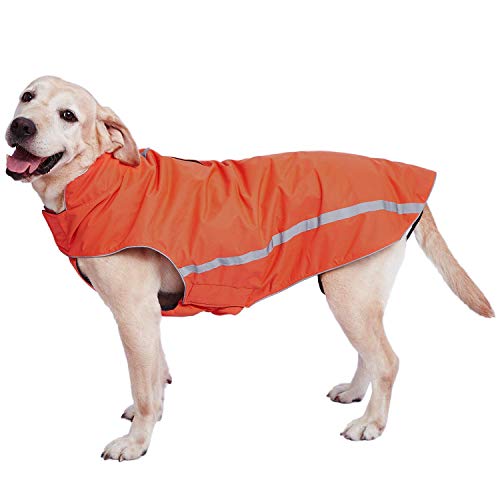 Wasserdichter Hundemantel Hundejacke mit Kragenloch Klettverschluss Fleece gefüttert reflektierender Wintermantel für mittelgroße große Hunde Orange 4XL von Dociote