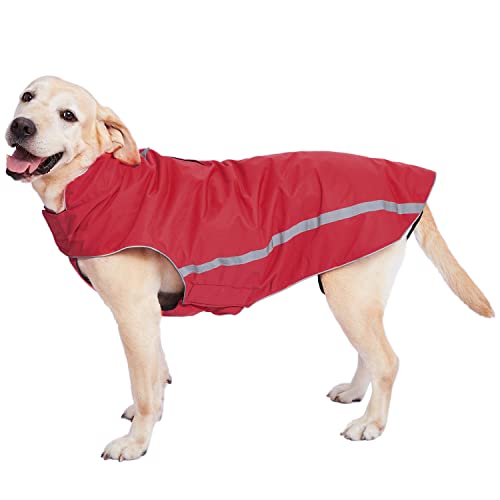 Dociote Wasserdichter Hundemantel Hundejacke mit Kragenloch Klettverschluss Fleece gefüttert reflektierender Wintermantel für mittelgroße große Hunde Rot 4XL von Dociote