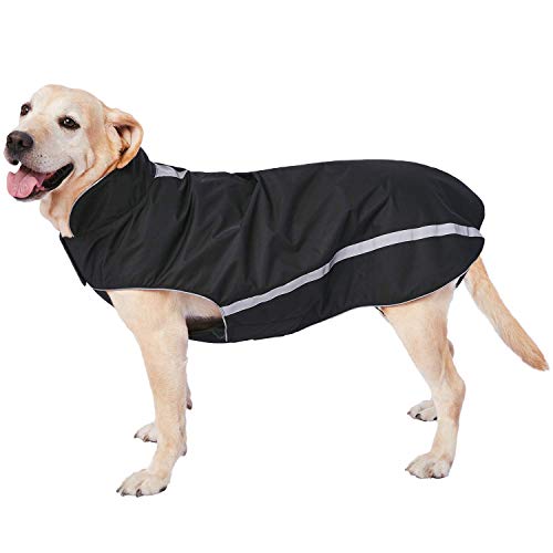 Wasserdichter Hundemantel Hundejacke mit Kragenloch Klettverschluss Fleece gefüttert reflektierender Wintermantel für mittelgroße große Hunde Schwarz 4XL von Dociote