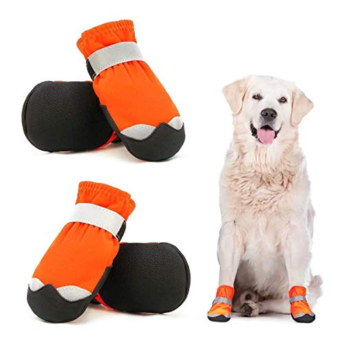 Dociote wasserdichte Hundeschuhe pfotenschutz mit Anti-Rutsch Sohle, reflektierendem Riemen, Klettverschluss Schneeschuhe für mittelgroße große Hunde 4 Stück Orange 4# von Dociote