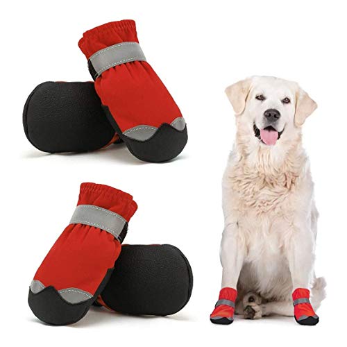 Dociote wasserdichte Hundeschuhe pfotenschutz mit Anti-Rutsch Sohle, reflektierendem Riemen, Klettverschluss Schneeschuhe für mittelgroße große Hunde 4 Stück Rot 4# von Dociote