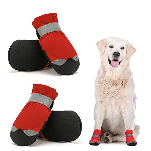 Dociote wasserdichte Hundeschuhe pfotenschutz mit Anti-Rutsch Sohle, reflektierendem Riemen, Klettverschluss Schneeschuhe für mittelgroße große Hunde 4 Stück Rot 7# von Dociote