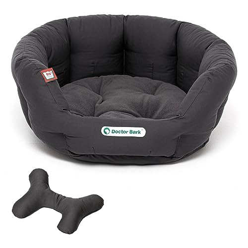 Doctor Bark Hundekorb rund, Hundebett für größere Hunde, Kuschelbett + ToyBone mit flauschigem Wendekissen, orthopädisch, waschbar bis 95°C (L - 60x50 cm, Grau) von Doctor Bark