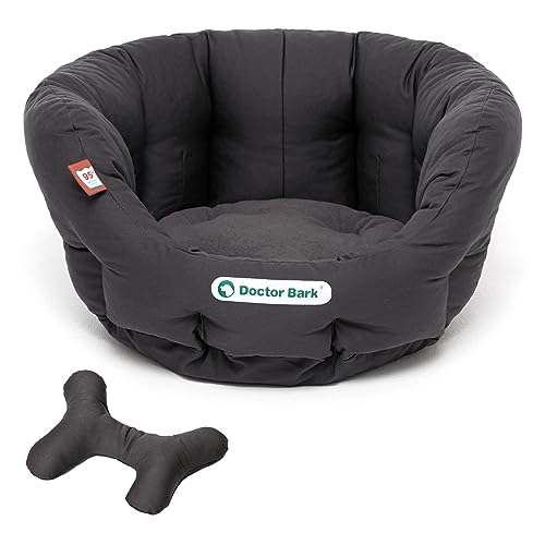 Doctor Bark | Hundekorb rund, Hundebett für kleine/mittlere Hunde, Kuschelbett mit orthopädischem Wendekissen + ToyBone, waschbar bis 95°C, Made in Germany (S - 40x35 cm, Grau) von Doctor Bark