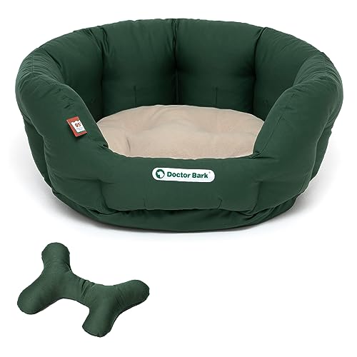 Doctor Bark Hundekorb rund, Hundebett für mittlere Hunde, Kuschelbett + ToyBone mit flauschigem Wendekissen + ToyBone, orthopädisch, waschbar bis 95°C (M - 50x40 cm, Grün/Beige) von Doctor Bark