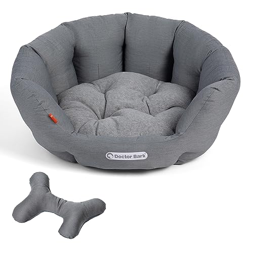 Doctor Bark Hundekorb rund, Hundebett für mittlere Hunde, Kuschelbett + ToyBone mit flauschigem Wendekissen + ToyBone, orthopädisch, waschbar bis 95°C (M - 50x40 cm, Hellgrau) von Doctor Bark