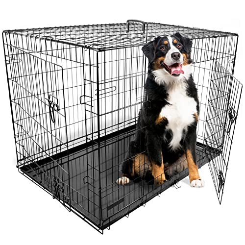 DogCrates+ Extra große Faltbare Hundebox mit 2 Türen, kaufreies Metall, herausnehmbares Tablett, 106,7 cm, Schwarz von Dog Crates +