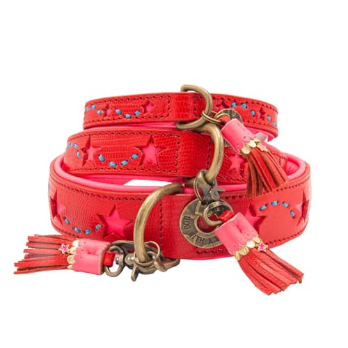 Dog with a Mission - Hundehalsband XL | Rot, Pink, Bestickt mit Sternen | Boho, Ethno, Urban, Hippie | Ideal für extra große Hunde | Handgemacht, Bunt und Modisch | 4 cm Breit von Dog with a Mission