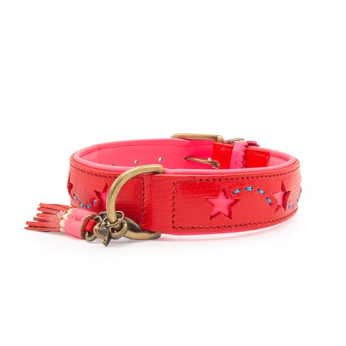 Dog with a Mission - Hundehalsband XL | Rot, Pink, Bestickt mit Sternen | Boho, Ethno, Urban, Hippie | Ideal für extra große Hunde | Handgemacht, Bunt und Modisch | 4 cm Breit von Dog with a Mission