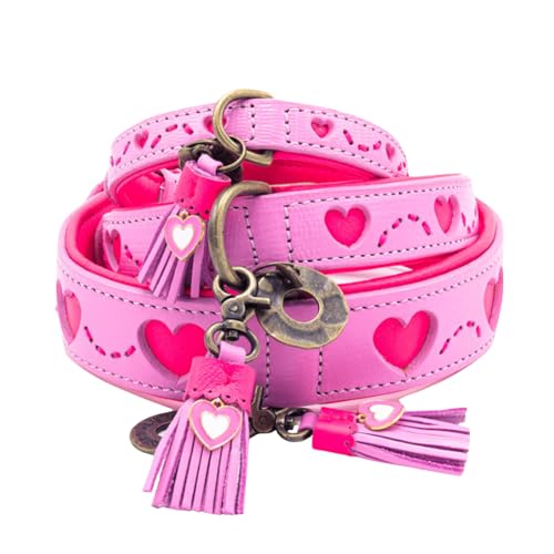 Dog with a Mission - Hundehalsband L | Rosa Pink mit Herzen | Boho und Hippie | Ideal für große Hunde | Handgemacht | Modisch und Bunt | Aus weichem Echtes Leder | 4 cm Breit von Dog with a Mission