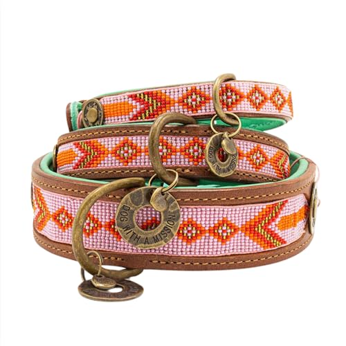 DWAM Dog with a Mission - Hundehalsband M | Farbenfroh Rosa, Orange, Perlen | Boho, Ethno, Ibiza, Hippie | Mittelgroße Hunde | Handgemacht | Modisch und Bunt | Aus weichem Echtes Leder | 2,5 cm Breit von Dog with a Mission