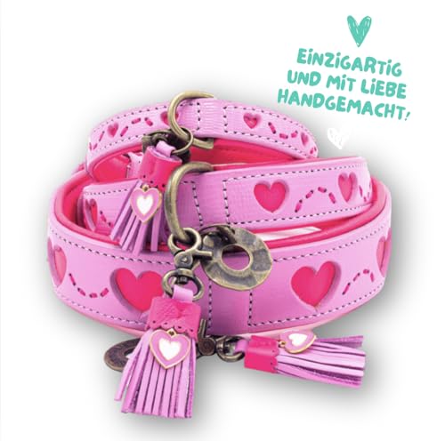 Dog with a Mission - Hundehalsband S | Rosa Pink mit Herzen | Boho und Hippie | Ideal für mittelgroße Hunde | Handgemacht | Modisch und Bunt | Aus weichem Echtes Leder | 2,5 cm Breit von Dog with a Mission