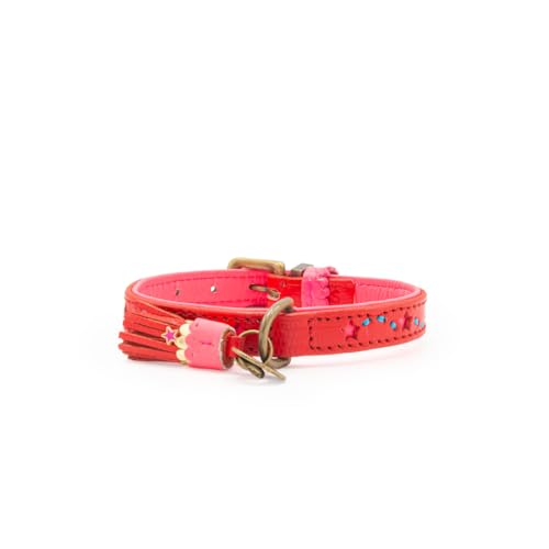 Dog with a Mission - Hundehalsband XXS | Rot, Pink, Bestickt mit Sternen | Boho, Ethno, Urban, Hippie | Ideal für kleine Hunde | Handgemacht, Bunt und Modisch | 2 cm Breit von DWAM Dog with a Mission