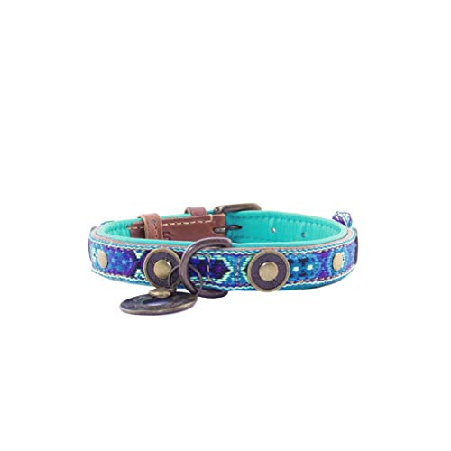 Dog with a Mission - Hundehalsband S | Farbenfroh in Blau und Türkis | Boho, Ethno, Ibiza, Hippie | Für kleine Hunde | Handgemacht | Modisch und Bunt | Aus weichem Echtes Leder | 2 cm Breit von Dog with a Mission