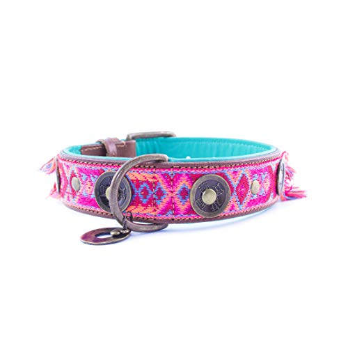 Dog with a Mission - Hundehalsband L | Farbenfroh in Rosa und Türkis | Boho, Ethno, Ibiza, Hippie | Ideal für große Hunde | Handgemacht | Modisch und Bunt | Aus weichem Echtes Leder | 4 cm Breit von Dog with a Mission