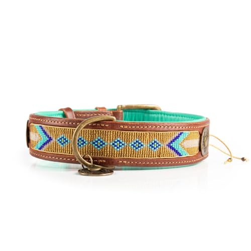 Dog with a Mission - Hundehalsband L | Türkis und Gold, geometrisches Perlenmuster | Boho, Ethno, Hippie | Große Hunde | Handgemacht | Modisch und Bunt | Weiches Echtes Leder | 4 cm Breit von Dog with a Mission