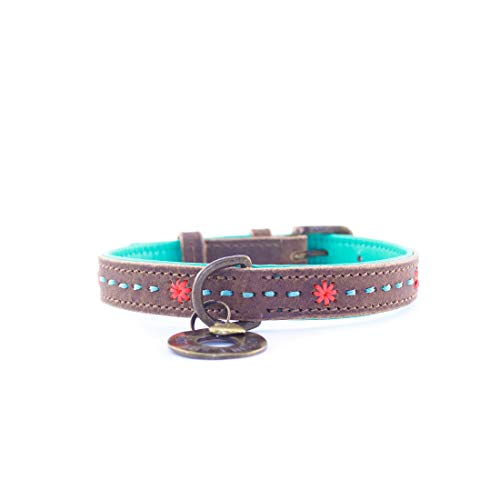 Dog with a Mission - Hundehalsband S | Braun, Mint, Bestickt | Boho, Ethno, Urban, Hippie | Kleine Hunde | Handgemacht | Modisch und Bunt | Aus weichem Echtes Leder | 2 cm Breit von Dog with a Mission