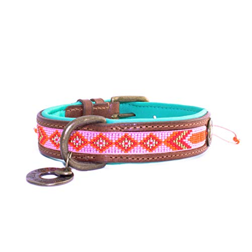 Dog with a Mission - Hundehalsband L | Farbenfroh Rosa, Orange mit Perlen | Boho, Ethno, Ibiza, Hippie | Große Hunde | Handgemacht | Modisch und Bunt | Aus weichem Echtes Leder | 4 cm Breit von Dog with a Mission