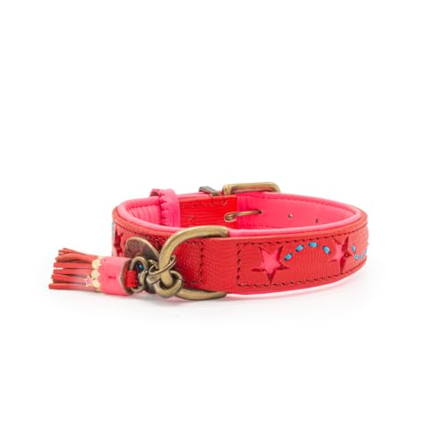 Dog with a Mission - Hundehalsband L | Rot, Pink, Bestickt mit Sternen | Boho, Ethno, Urban, Hippie | Ideal für große Hunde | Handgemacht, Bunt und Modisch | 2,5 cm Breit von Dog with a Mission