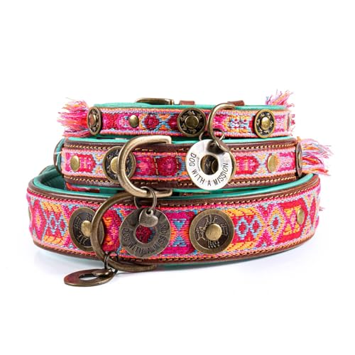 Dog with a Mission - Hundehalsband S | Farbenfroh in Rosa und Türkis | Boho, Ethno, Ibiza, Hippie | Ideal für kleine Hunde | Handgemacht | Modisch und Bunt | Aus weichem Echtes Leder | 2 cm Breit von Dog with a Mission