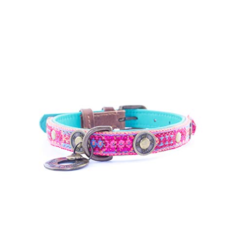 Dog with a Mission - Hundehalsband S | Farbenfroh in Rosa und Türkis | Boho, Ethno, Ibiza, Hippie | Ideal für kleine Hunde | Handgemacht | Modisch und Bunt | Aus weichem Echtes Leder | 2 cm Breit von Dog with a Mission