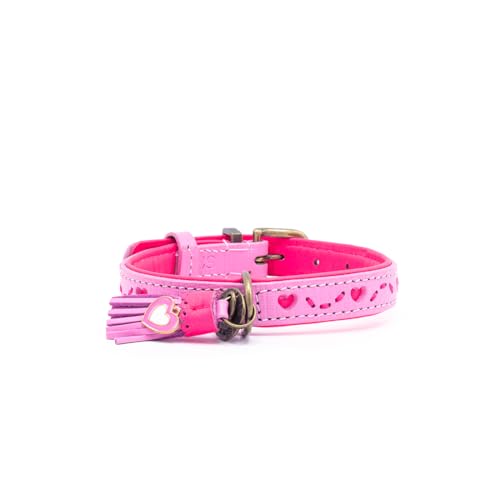 Dog with a Mission - Hundehalsband S | Rosa Pink mit Herzen | Boho und Hippie | Ideal für kleine Hunde | Handgemacht | Modisch und Bunt | Aus weichem Echtes Leder | 2 cm Breit von Dog with a Mission