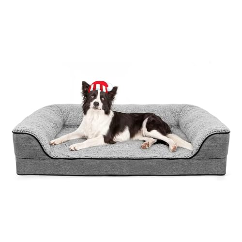 DogBaby Orthopädisches Hundebett, Nackenrolle Couch Hundebett für große Hunde, Abnehmbarer, waschbarer Bezug, Haustierbett, rutschfeste Schaumstoff-Hundematte (groß (91,4 x 66 cm), Grau) von DogBaby