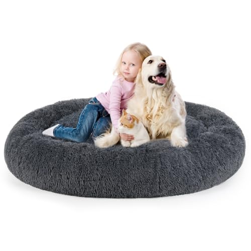 Hundebett, beruhigendes Katzenbett, Kunstfellkissen, Donut-Kuschelbett, rund, Plüschbett für große, mittelgroße und kleine Hunde und Katzen von DogBaby