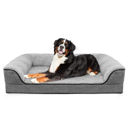 Orthopädisches Hundebett, Nackenrolle, Hundebett für große Hunde, abnehmbarer, waschbarer Bezug, Haustierbett, rutschfeste Schaumstoff-Hundematte, Größe XXL (132 x 107 cm), Grau von DogBaby