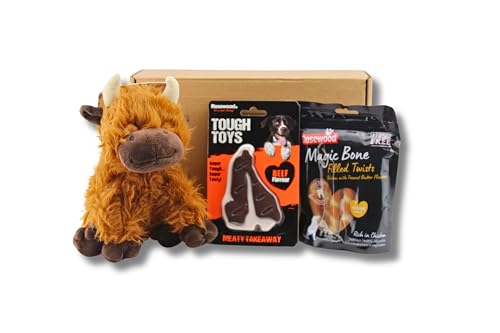 DogBox Boutique Kuh-Spielzeughund-Geschenkbox Hund mit robustem Spielzeugrindfleischgeschmack und Natural Eats T-Bone-Steaks von DogBox Boutique