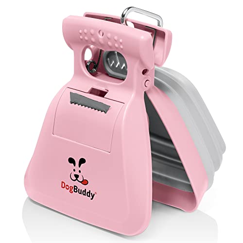 DogBuddy Pooper Scooper, tragbarer Hundekot-Scooper, Sanitär-Hundekot-Abfallreiniger, robuster Hundekotreiniger mit Beutelspender, Hundeleine-Clip und Kotschaufeltaschen enthalten (groß, rosa) von DogBuddy